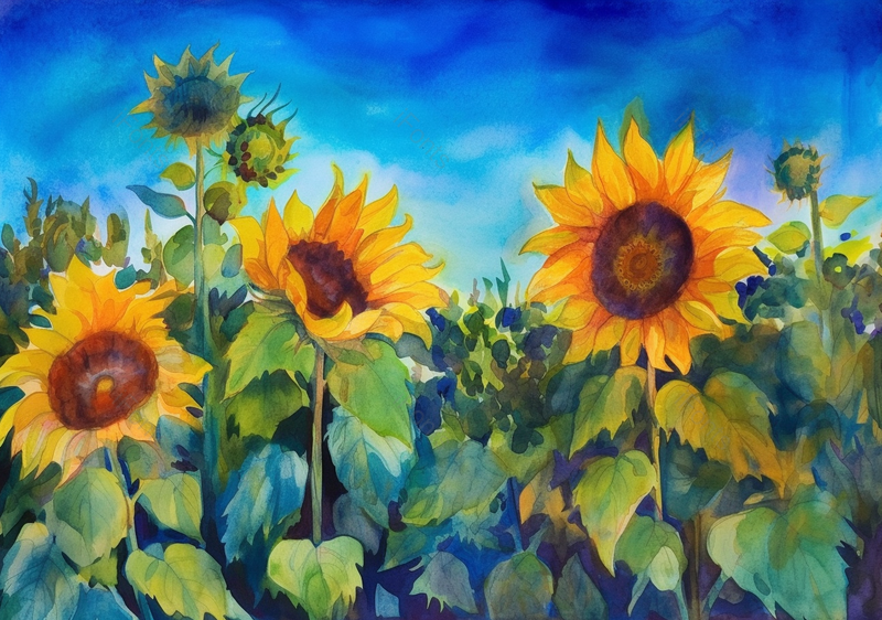 夏日盛开正面近景黄色向日葵花田蓝色天空特写水彩插画,插画/手绘图,插画/手绘图库,插画/手绘图下载,插画/手绘
